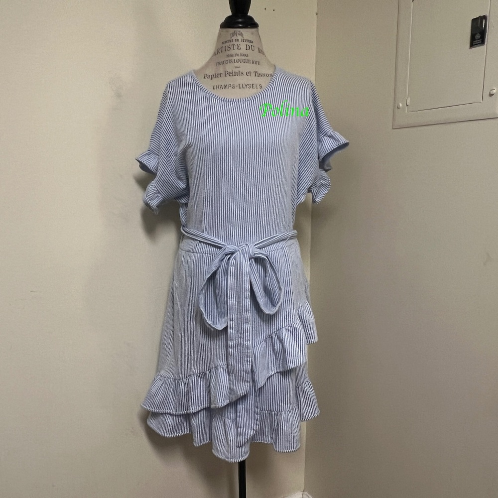 Michael Kors Textured Ruffle Sleeve Faux Wrap Dress Blue White Size 2X-rare find